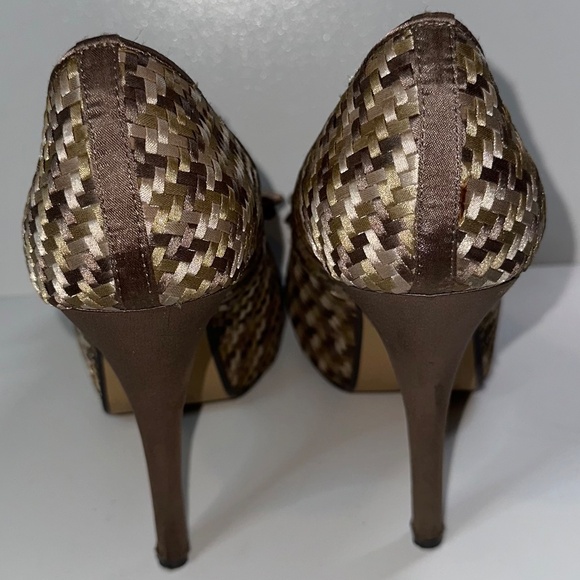 Taxi, Satin tan and brown peep toe heels - Picture 3 of 4